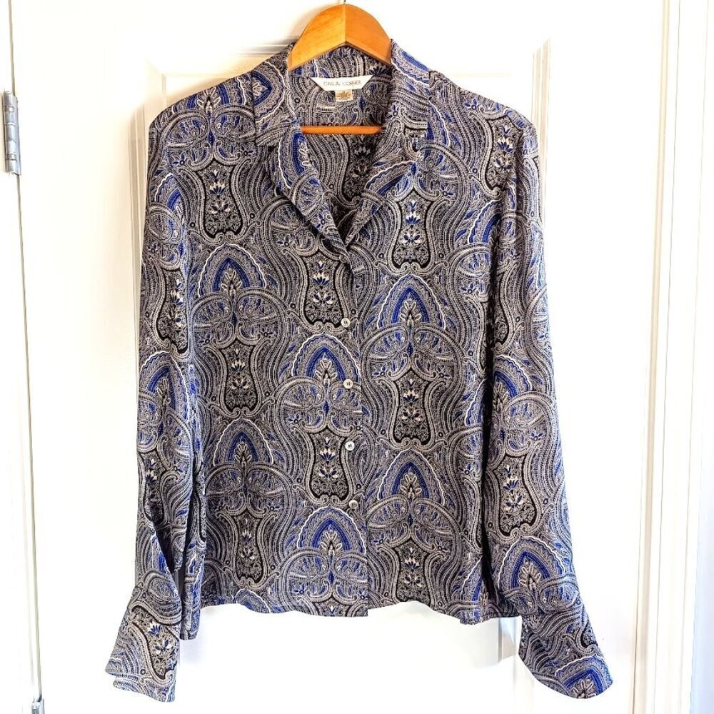 Casual Corner Blue Grey Paisley Silk French Cuff Blouse